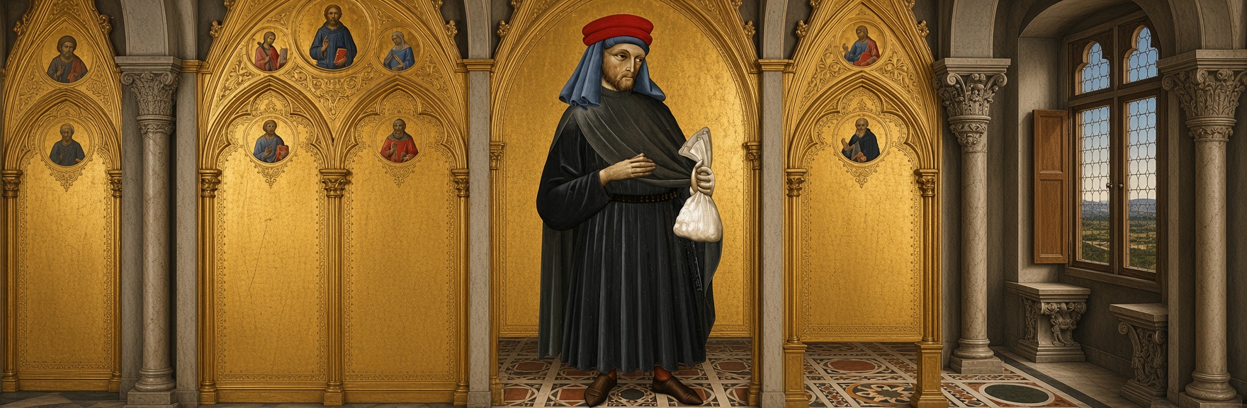 Saint Homobonus of Cremona holding a merchant's money bag